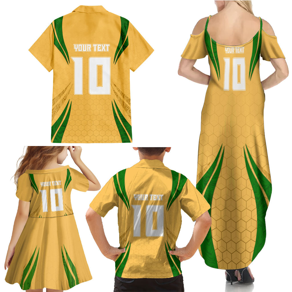 Personalized Australia Soccer Kangaroo Family Matching Summer Maxi Dress and Hawaiian Shirt Gold Green Aussie Football Mascot Dynamic Sports Graphic