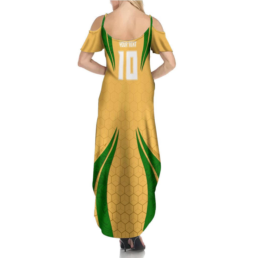 Personalized Australia Soccer Kangaroo Family Matching Summer Maxi Dress and Hawaiian Shirt Gold Green Aussie Football Mascot Dynamic Sports Graphic