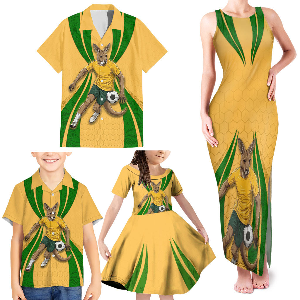 Personalized Australia Soccer Kangaroo Family Matching Tank Maxi Dress and Hawaiian Shirt Gold Green Aussie Football Mascot Dynamic Sports Graphic