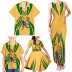 Personalized Australia Soccer Kangaroo Family Matching Tank Maxi Dress and Hawaiian Shirt Gold Green Aussie Football Mascot Dynamic Sports Graphic