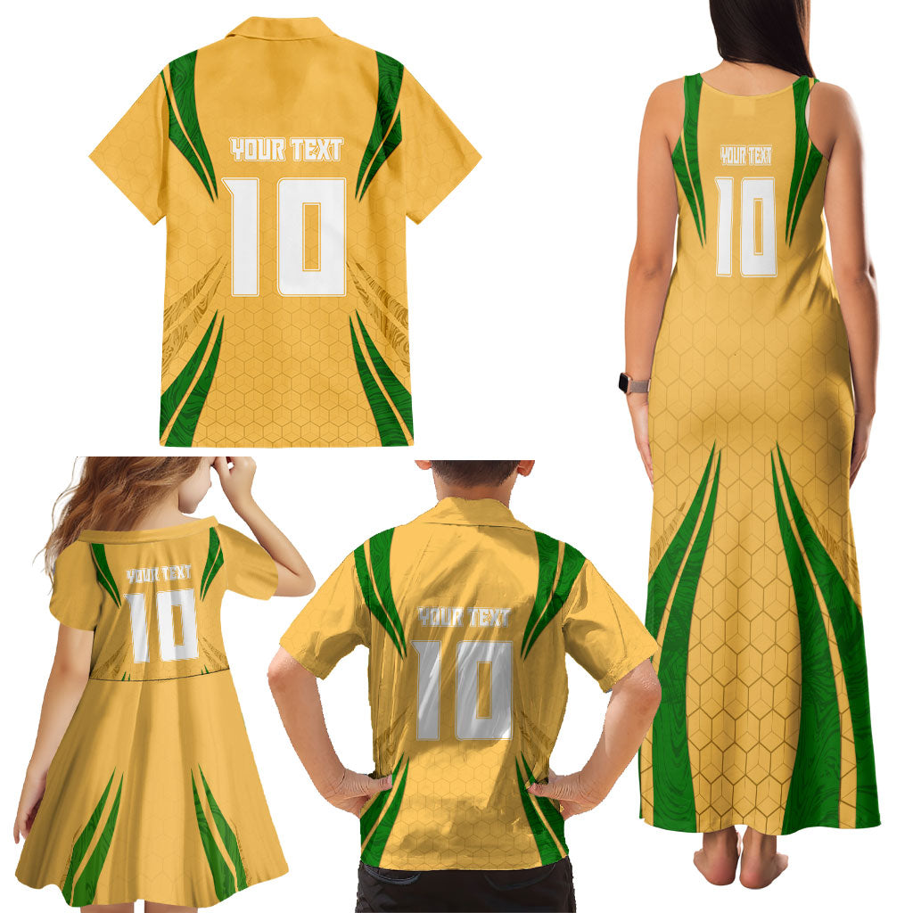 Personalized Australia Soccer Kangaroo Family Matching Tank Maxi Dress and Hawaiian Shirt Gold Green Aussie Football Mascot Dynamic Sports Graphic
