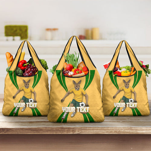 Personalized Australia Soccer Kangaroo Grocery Bag Gold Green Aussie Football Mascot Dynamic Sports Graphic