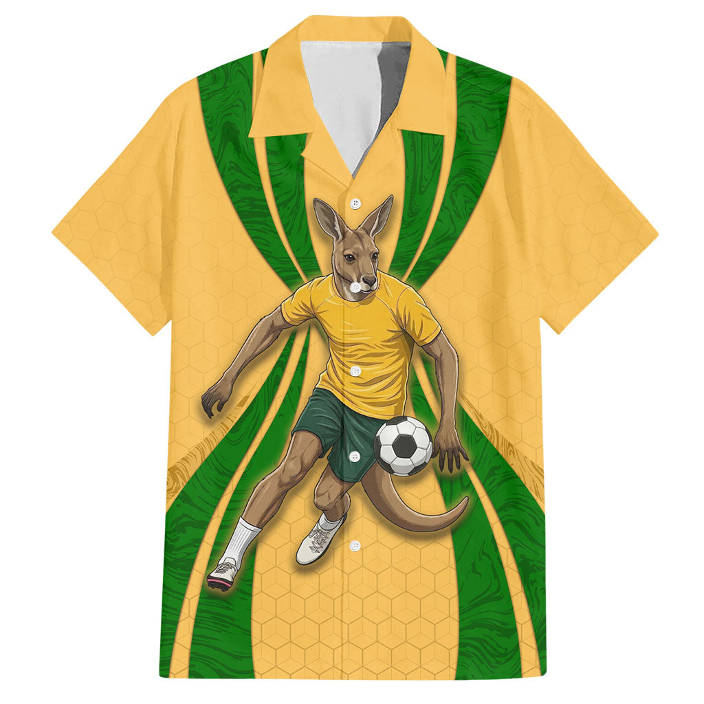 Personalized Australia Soccer Kangaroo Hawaiian Shirt Gold Green Aussie Football Mascot Dynamic Sports Graphic