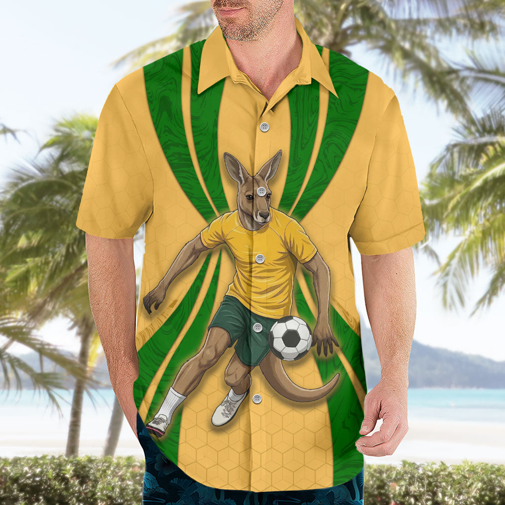 Personalized Australia Soccer Kangaroo Hawaiian Shirt Gold Green Aussie Football Mascot Dynamic Sports Graphic