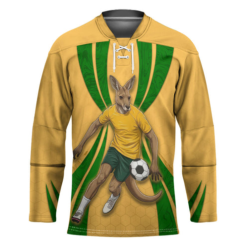 Personalized Australia Soccer Kangaroo Hockey Jersey Gold Green Aussie Football Mascot Dynamic Sports Graphic