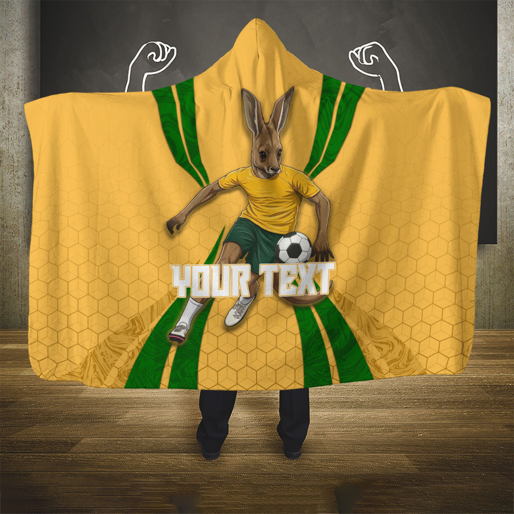 Personalized Australia Soccer Kangaroo Hooded Blanket Gold Green Aussie Football Mascot Dynamic Sports Graphic