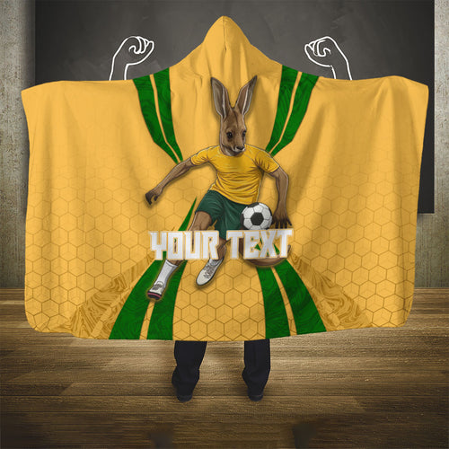 Personalized Australia Soccer Kangaroo Hooded Blanket Gold Green Aussie Football Mascot Dynamic Sports Graphic