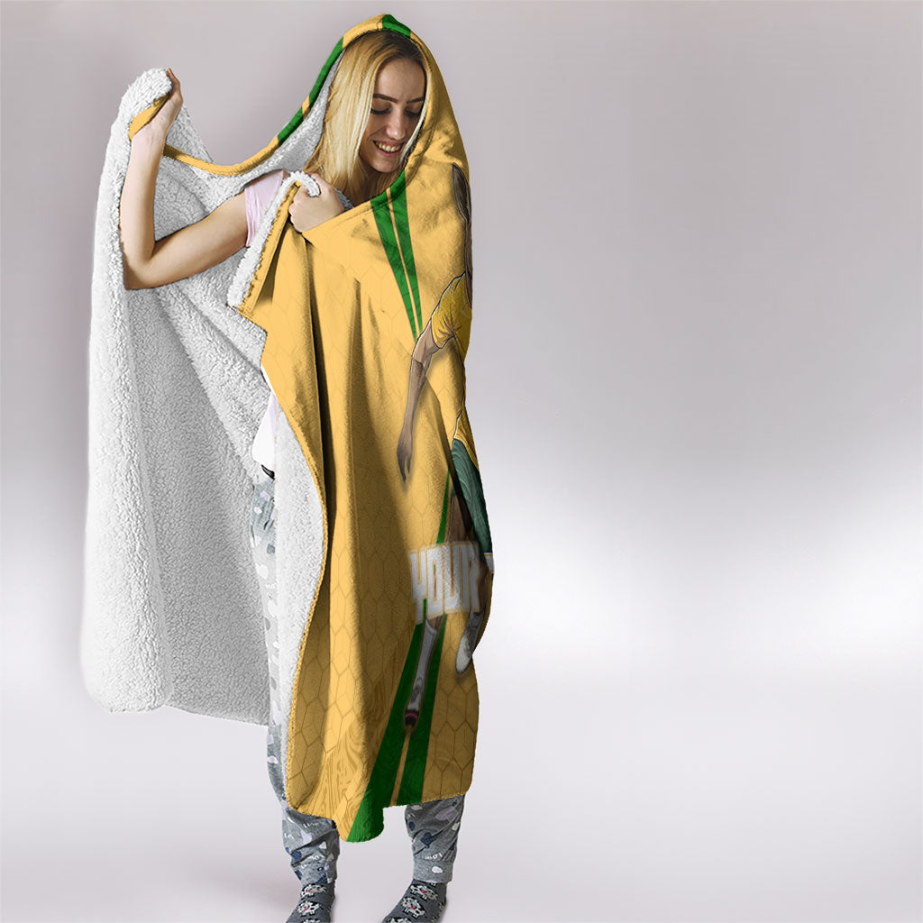 Personalized Australia Soccer Kangaroo Hooded Blanket Gold Green Aussie Football Mascot Dynamic Sports Graphic