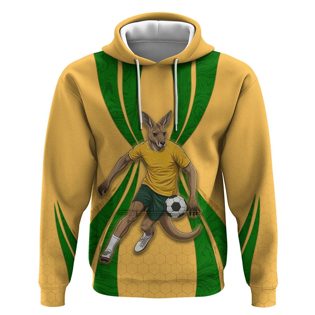 Personalized Australia Soccer Kangaroo Hoodie Gold Green Aussie Football Mascot Dynamic Sports Graphic