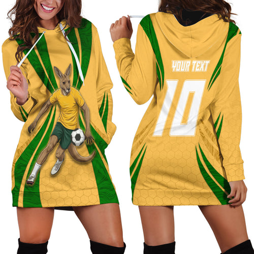 Personalized Australia Soccer Kangaroo Hoodie Dress Gold Green Aussie Football Mascot Dynamic Sports Graphic