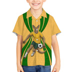 Personalized Australia Soccer Kangaroo Kid Hawaiian Shirt Gold Green Aussie Football Mascot Dynamic Sports Graphic