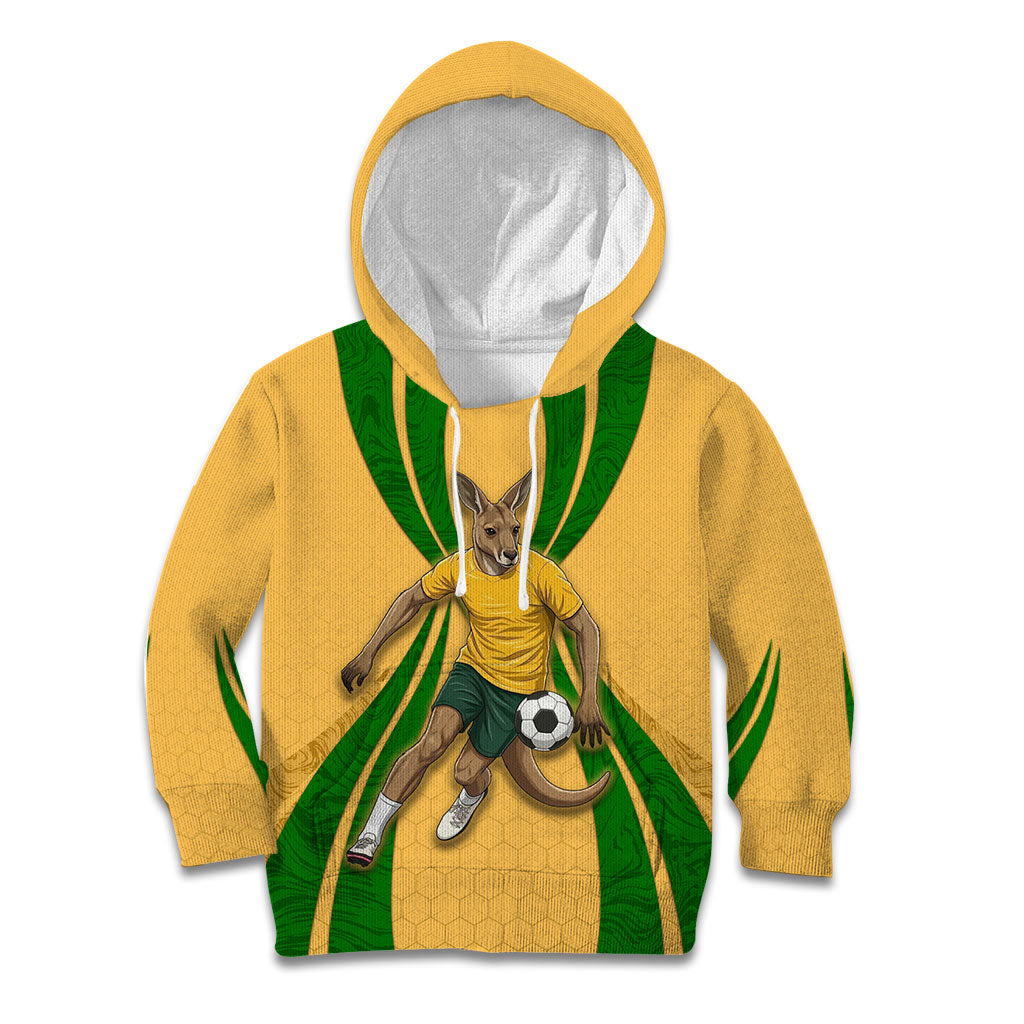 Personalized Australia Soccer Kangaroo Kid Hoodie Gold Green Aussie Football Mascot Dynamic Sports Graphic