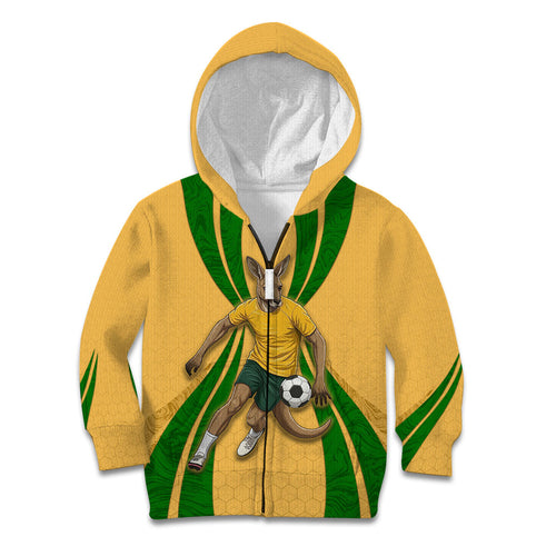 Personalized Australia Soccer Kangaroo Kid Hoodie Gold Green Aussie Football Mascot Dynamic Sports Graphic