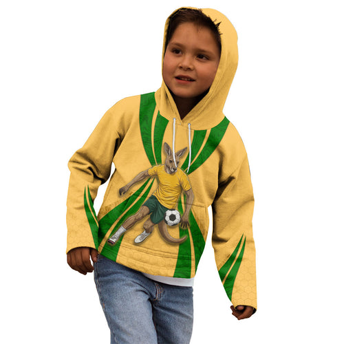 Personalized Australia Soccer Kangaroo Kid Hoodie Gold Green Aussie Football Mascot Dynamic Sports Graphic