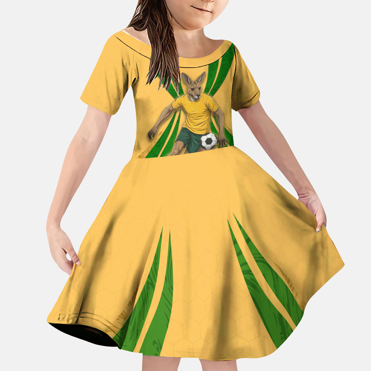 Personalized Australia Soccer Kangaroo Kid Short Sleeve Dress Gold Green Aussie Football Mascot Dynamic Sports Graphic