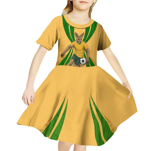 Personalized Australia Soccer Kangaroo Kid Short Sleeve Dress Gold Green Aussie Football Mascot Dynamic Sports Graphic