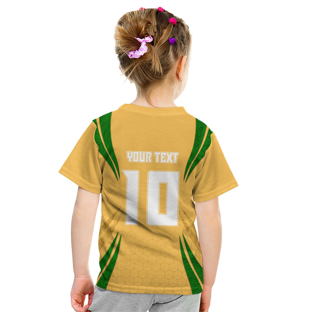 Personalized Australia Soccer Kangaroo Kid T Shirt Gold Green Aussie Football Mascot Dynamic Sports Graphic
