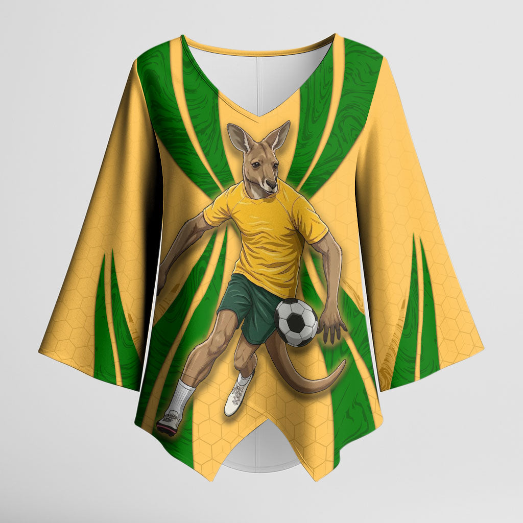 Personalized Australia Soccer Kangaroo Kimono Sleeve Blouse Gold Green Aussie Football Mascot Dynamic Sports Graphic
