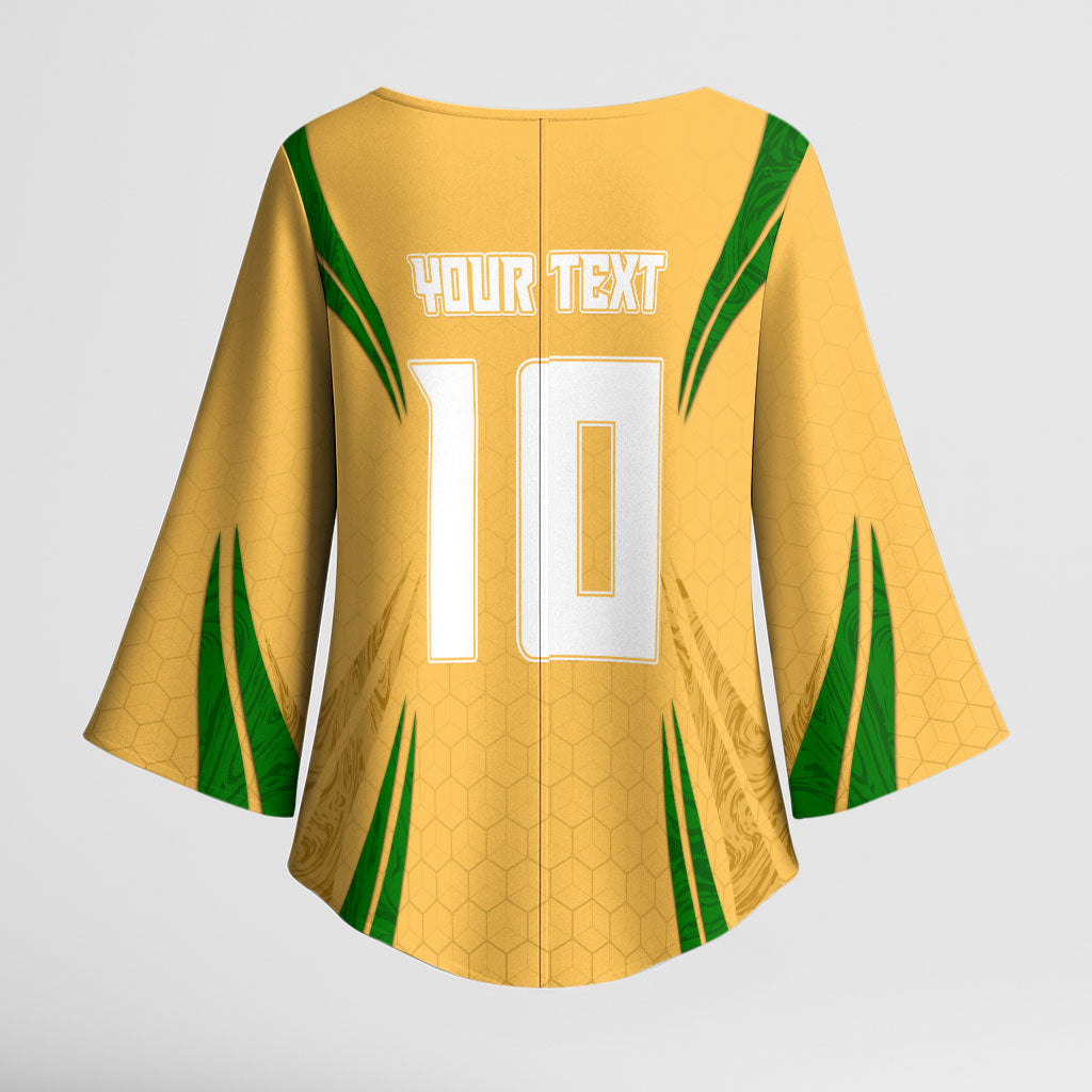 Personalized Australia Soccer Kangaroo Kimono Sleeve Blouse Gold Green Aussie Football Mascot Dynamic Sports Graphic