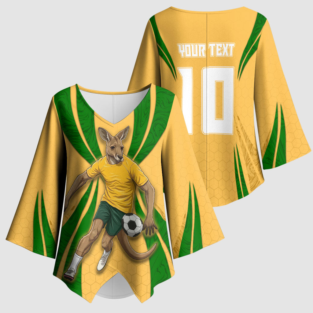 Personalized Australia Soccer Kangaroo Kimono Sleeve Blouse Gold Green Aussie Football Mascot Dynamic Sports Graphic