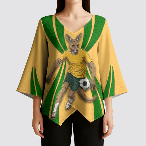 Personalized Australia Soccer Kangaroo Kimono Sleeve Blouse Gold Green Aussie Football Mascot Dynamic Sports Graphic