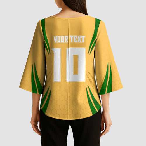 Personalized Australia Soccer Kangaroo Kimono Sleeve Blouse Gold Green Aussie Football Mascot Dynamic Sports Graphic