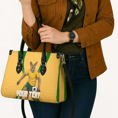 Personalized Australia Soccer Kangaroo Leather Bag Gold Green Aussie Football Mascot Dynamic Sports Graphic