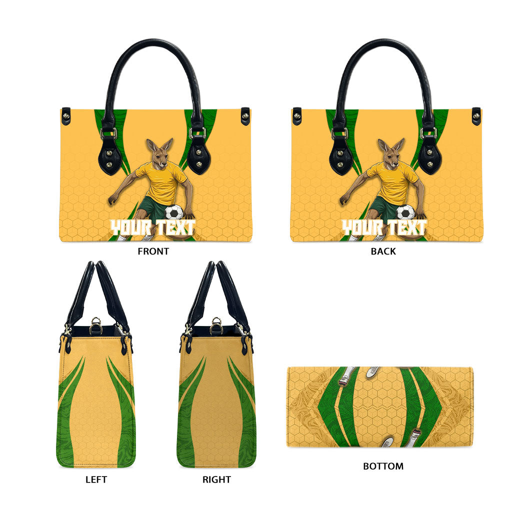 Personalized Australia Soccer Kangaroo Leather Bag Gold Green Aussie Football Mascot Dynamic Sports Graphic