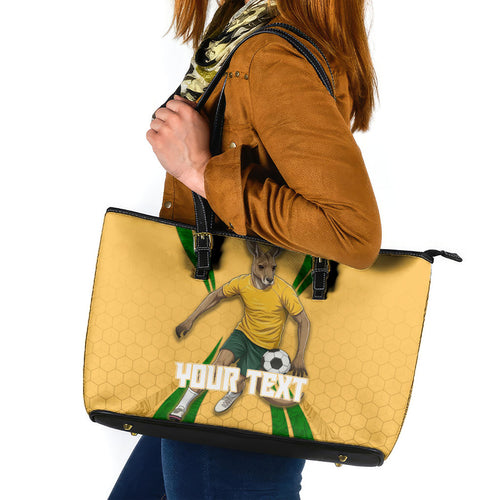 Personalized Australia Soccer Kangaroo Leather Tote Bag Gold Green Aussie Football Mascot Dynamic Sports Graphic