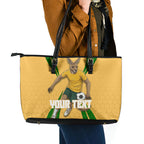 Personalized Australia Soccer Kangaroo Leather Tote Bag Gold Green Aussie Football Mascot Dynamic Sports Graphic
