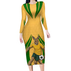 Personalized Australia Soccer Kangaroo Long Sleeve Bodycon Dress Gold Green Aussie Football Mascot Dynamic Sports Graphic