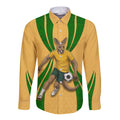 Personalized Australia Soccer Kangaroo Long Sleeve Button Shirt Gold Green Aussie Football Mascot Dynamic Sports Graphic