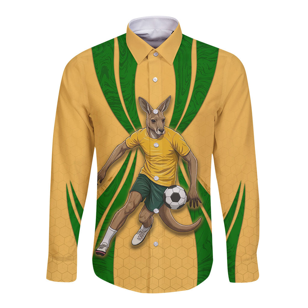 Personalized Australia Soccer Kangaroo Long Sleeve Button Shirt Gold Green Aussie Football Mascot Dynamic Sports Graphic