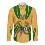 Personalized Australia Soccer Kangaroo Long Sleeve Button Shirt Gold Green Aussie Football Mascot Dynamic Sports Graphic