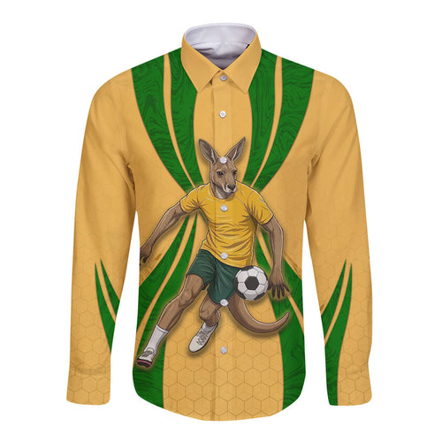 Personalized Australia Soccer Kangaroo Long Sleeve Button Shirt Gold Green Aussie Football Mascot Dynamic Sports Graphic