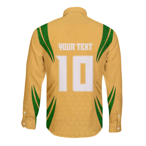 Personalized Australia Soccer Kangaroo Long Sleeve Button Shirt Gold Green Aussie Football Mascot Dynamic Sports Graphic