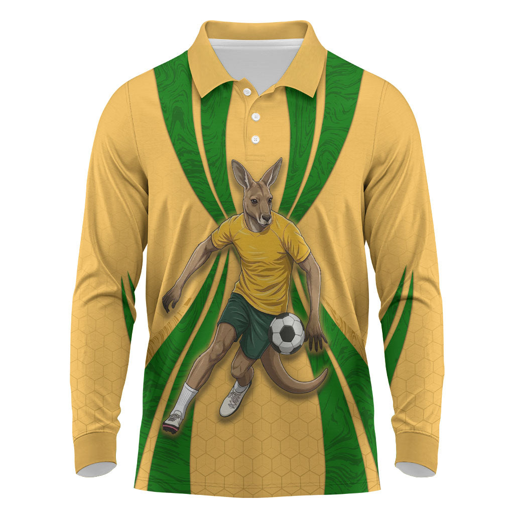 Personalized Australia Soccer Kangaroo Long Sleeve Polo Shirt Gold Green Aussie Football Mascot Dynamic Sports Graphic