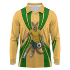 Personalized Australia Soccer Kangaroo Long Sleeve Polo Shirt Gold Green Aussie Football Mascot Dynamic Sports Graphic