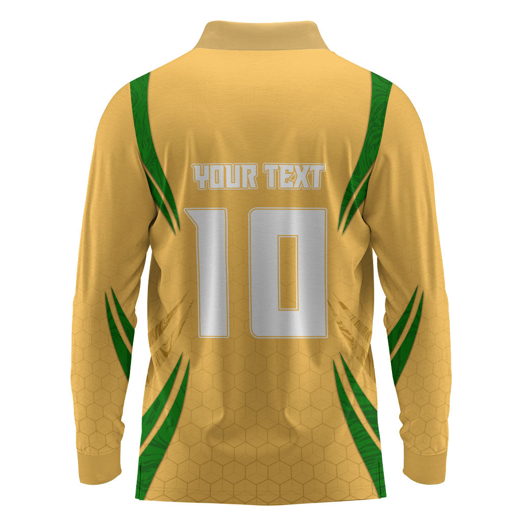 Personalized Australia Soccer Kangaroo Long Sleeve Polo Shirt Gold Green Aussie Football Mascot Dynamic Sports Graphic