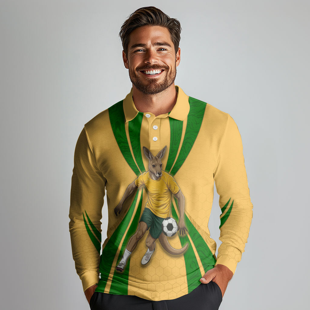 Personalized Australia Soccer Kangaroo Long Sleeve Polo Shirt Gold Green Aussie Football Mascot Dynamic Sports Graphic