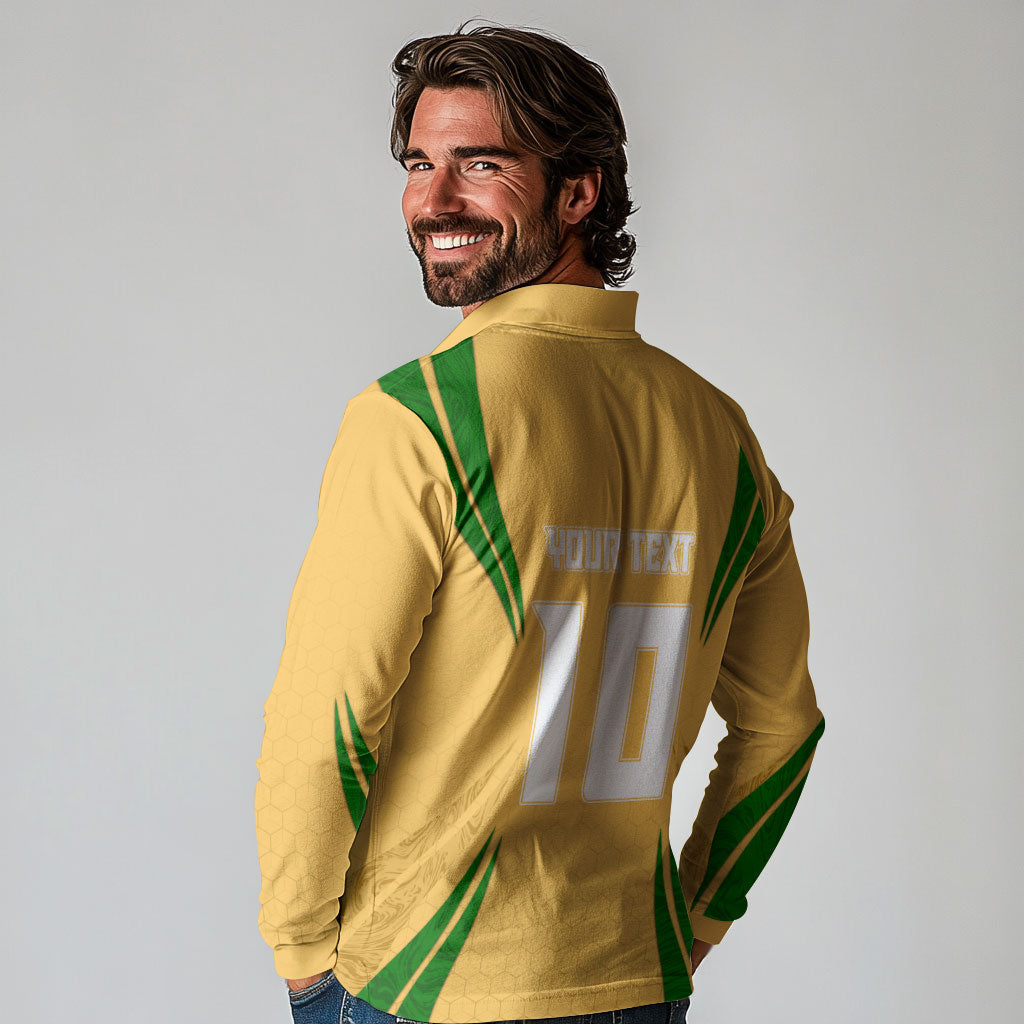 Personalized Australia Soccer Kangaroo Long Sleeve Polo Shirt Gold Green Aussie Football Mascot Dynamic Sports Graphic
