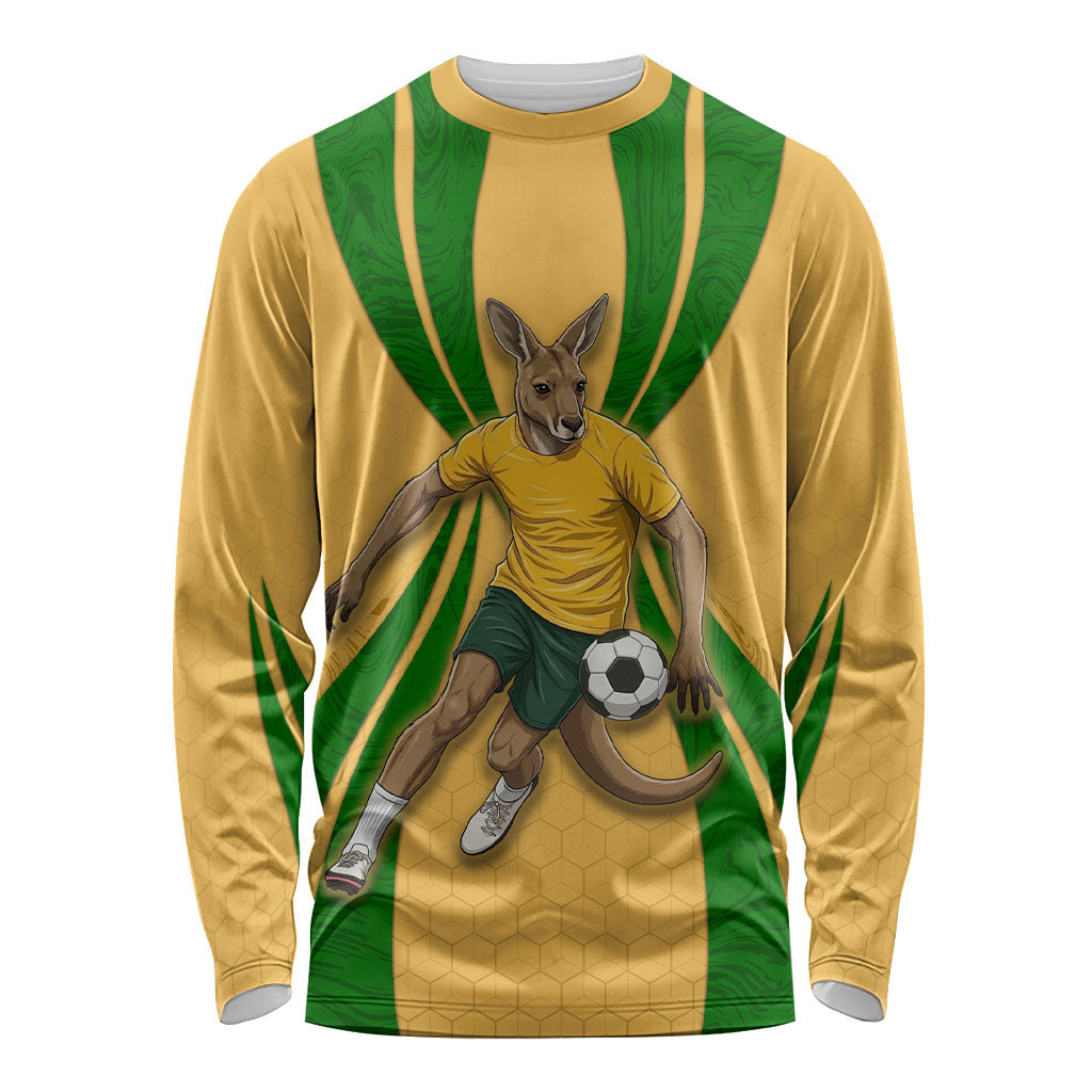 Personalized Australia Soccer Kangaroo Long Sleeve Shirt Gold Green Aussie Football Mascot Dynamic Sports Graphic