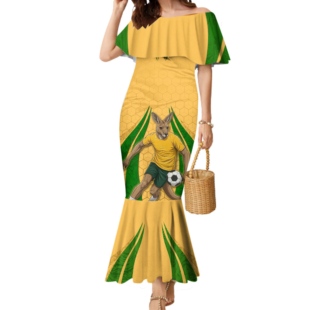 Personalized Australia Soccer Kangaroo Mermaid Dress Gold Green Aussie Football Mascot Dynamic Sports Graphic