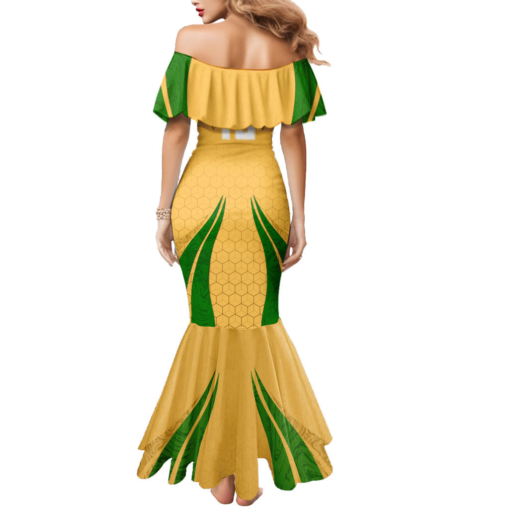 Personalized Australia Soccer Kangaroo Mermaid Dress Gold Green Aussie Football Mascot Dynamic Sports Graphic