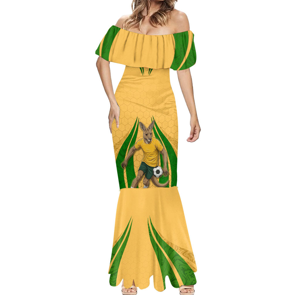 Personalized Australia Soccer Kangaroo Mermaid Dress Gold Green Aussie Football Mascot Dynamic Sports Graphic