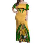 Personalized Australia Soccer Kangaroo Off Shoulder Maxi Dress Gold Green Aussie Football Mascot Dynamic Sports Graphic