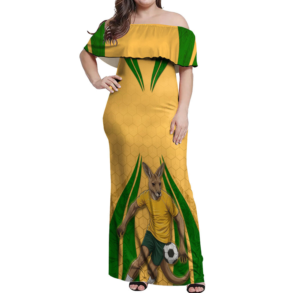 Personalized Australia Soccer Kangaroo Off Shoulder Maxi Dress Gold Green Aussie Football Mascot Dynamic Sports Graphic