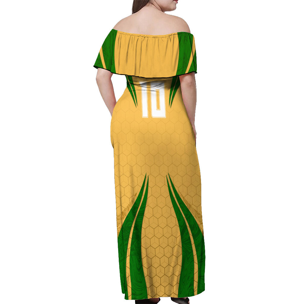 Personalized Australia Soccer Kangaroo Off Shoulder Maxi Dress Gold Green Aussie Football Mascot Dynamic Sports Graphic