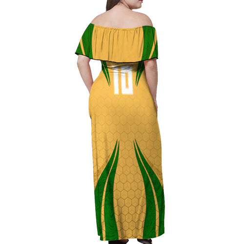 Personalized Australia Soccer Kangaroo Off Shoulder Maxi Dress Gold Green Aussie Football Mascot Dynamic Sports Graphic