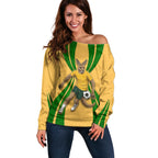 Personalized Australia Soccer Kangaroo Off Shoulder Sweater Gold Green Aussie Football Mascot Dynamic Sports Graphic